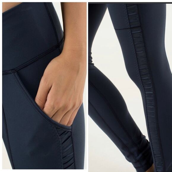 LULULEMON Navy Blue Ruched Tuxedo Satin Stripe Leggings Pockets 4 Yoga Pant - Picture 13 of 13